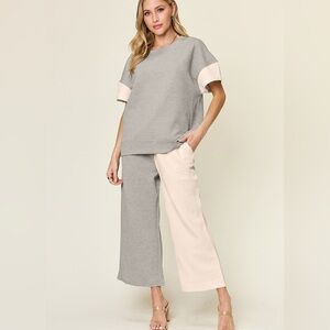 Women's Two-Tone Texture Contrast T-Shirt and Wide Leg Pants Set